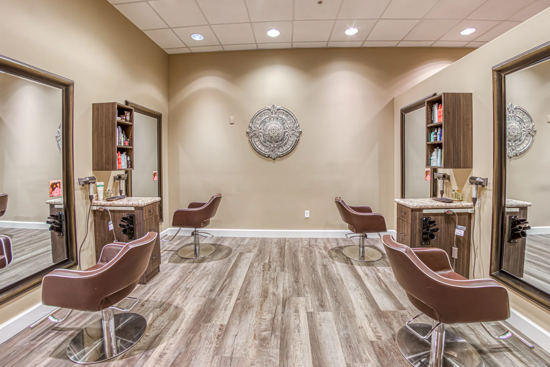 Styling chairs and mirrors in Avalon's Aveda hair salon in Bend